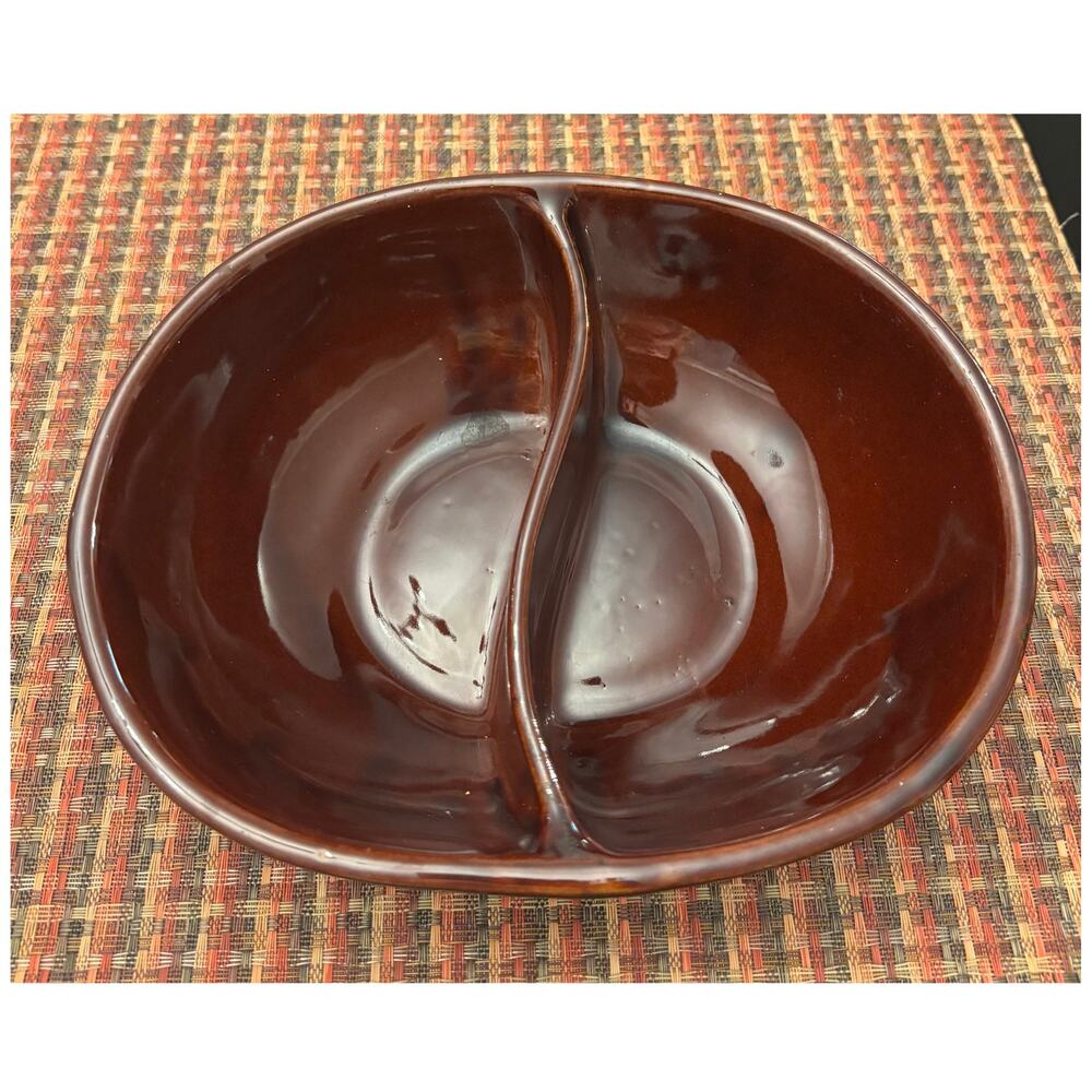 Vintage Mar-Crest Brown Daisy Oven Proof Stoneware Divided Serving Bowl USA